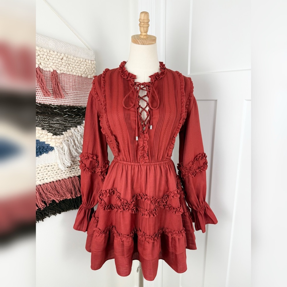 C/MEO Collective Slow Down Ruffled Dress Rust Red Sz XS